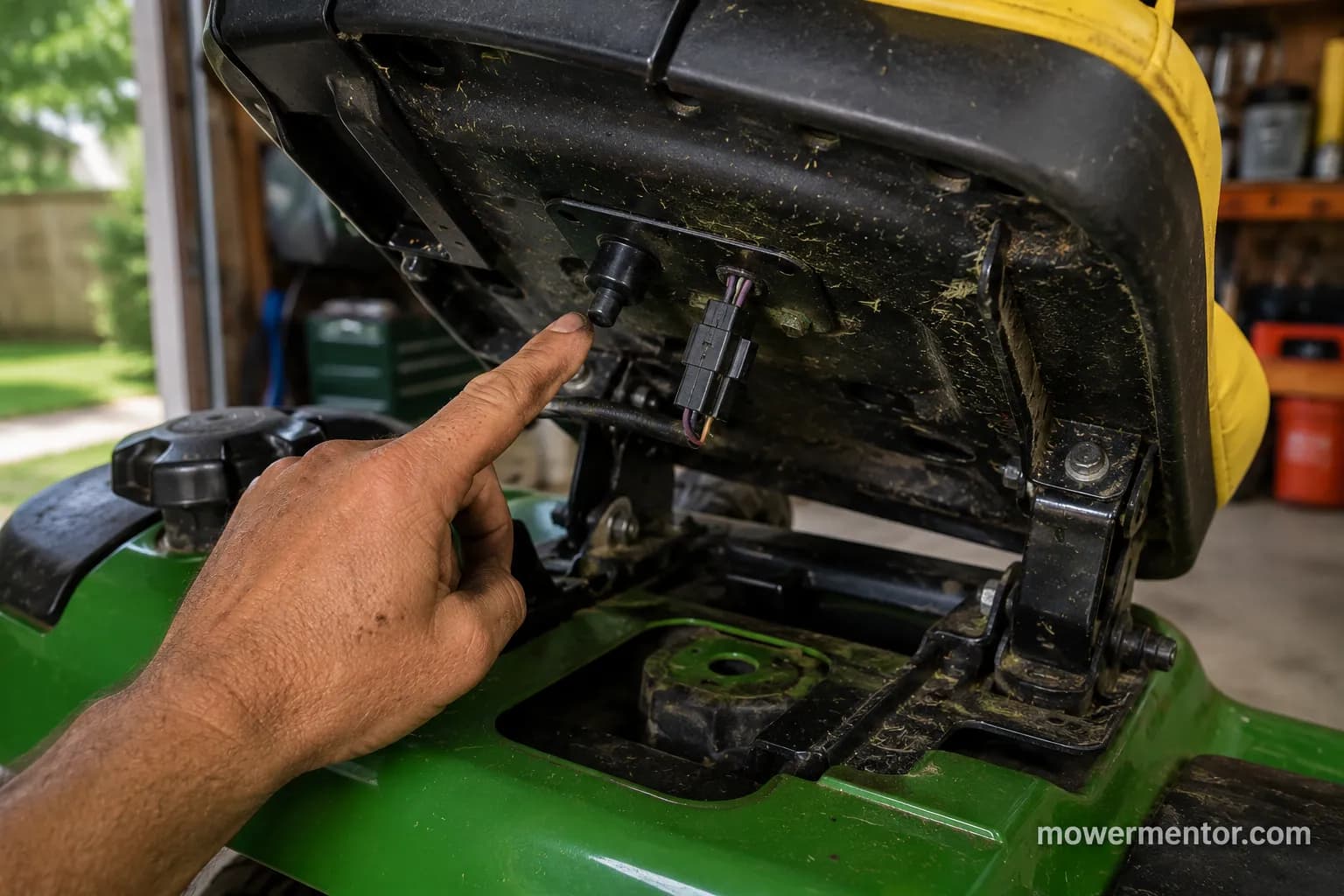 Locating the seat safety switch under a John Deere seat pan
