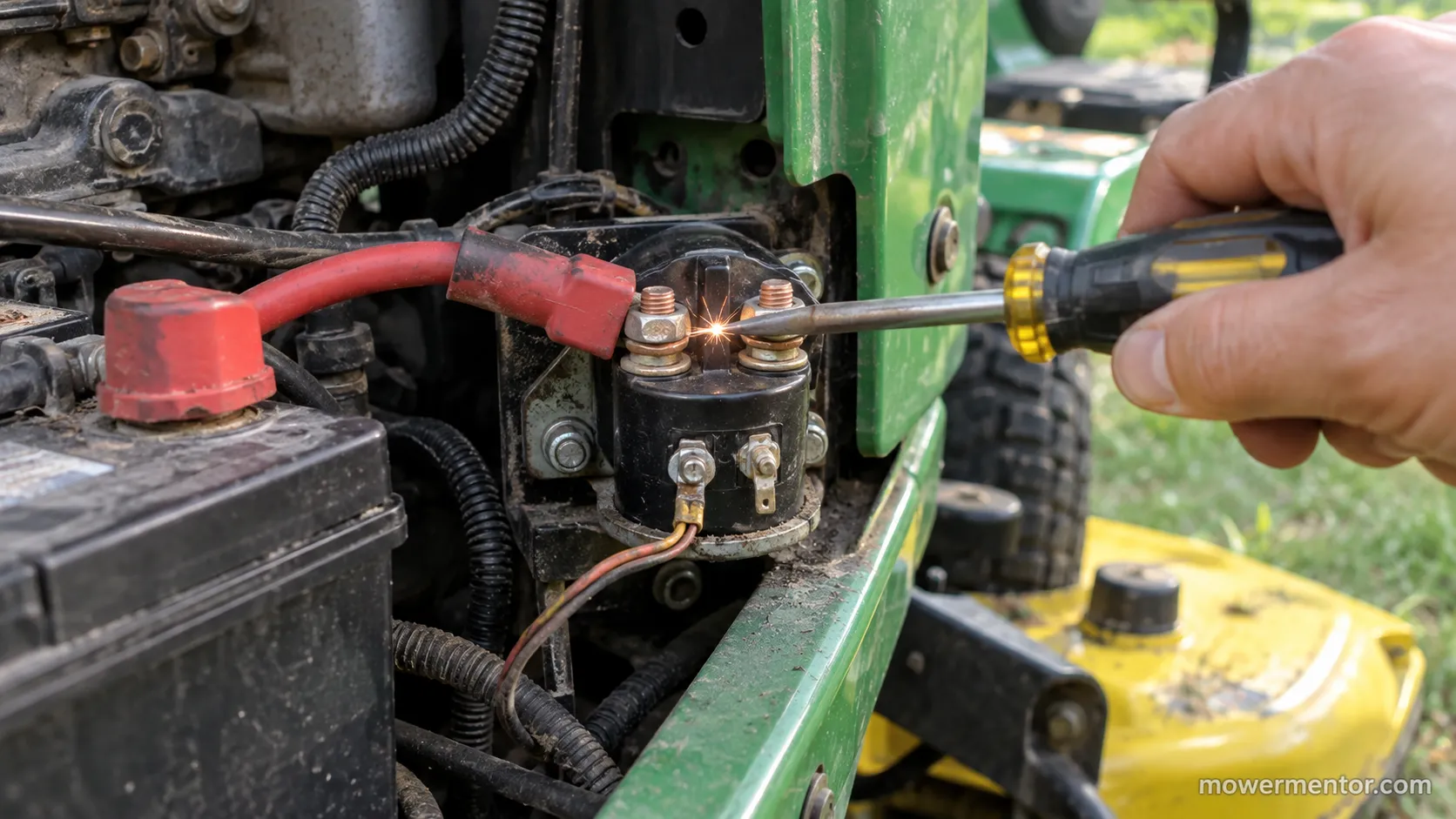 Bypassing a John Deere starter solenoid with a screwdriver to isolate the starter.