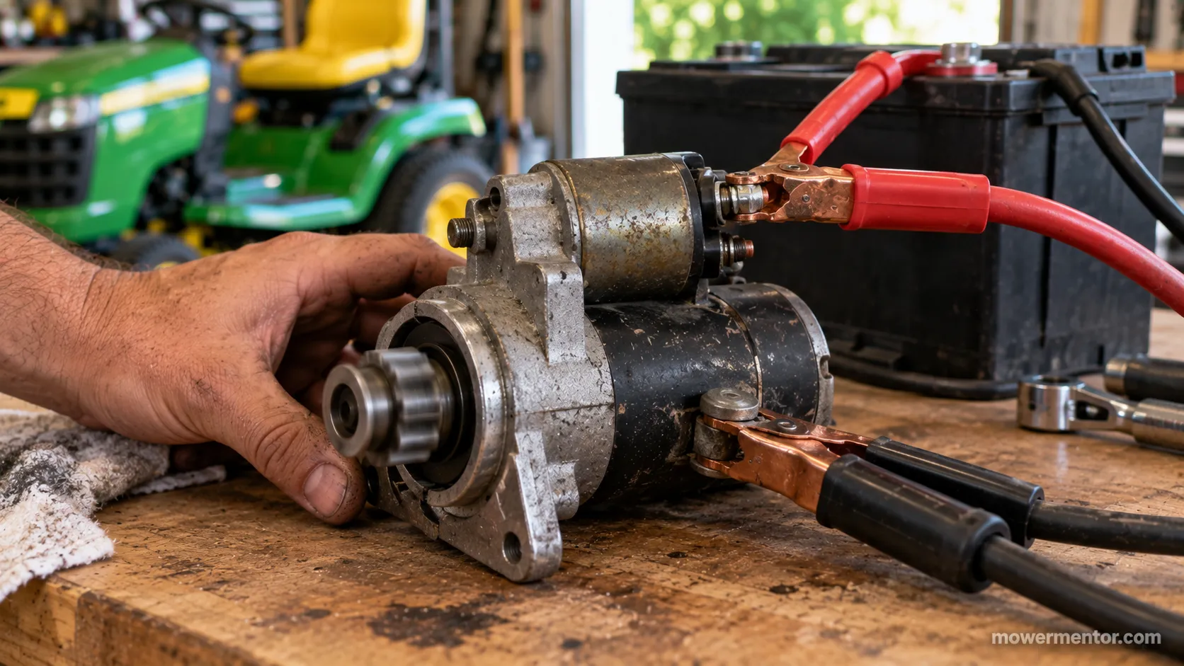 Bench-testing a John Deere lawn mower starter motor with jumper cables.