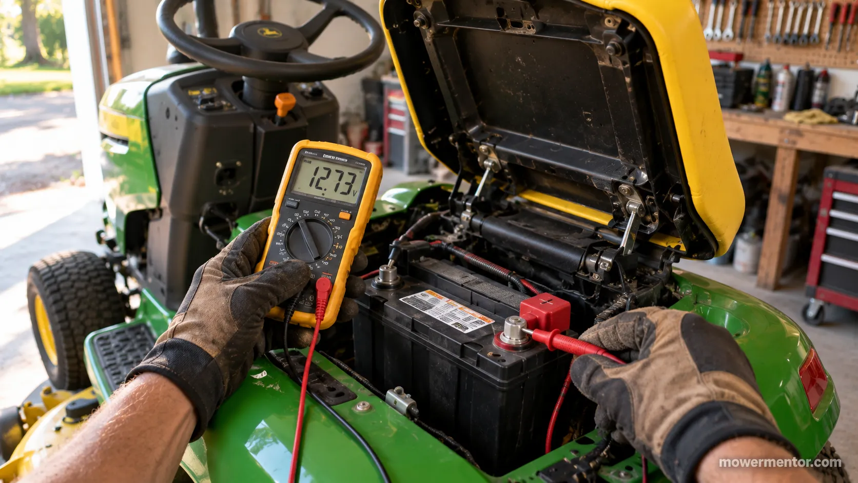 Testing a John Deere riding mower starter circuit with a multimeter.