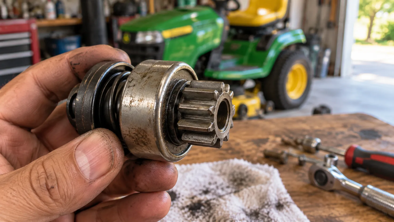 John Deere starter pinion gear that spins without engaging the flywheel.