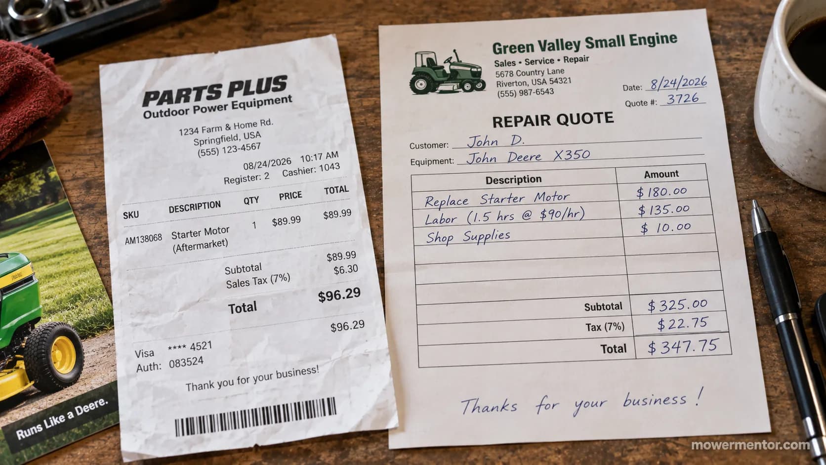 John Deere starter part receipt compared with a repair shop quote.