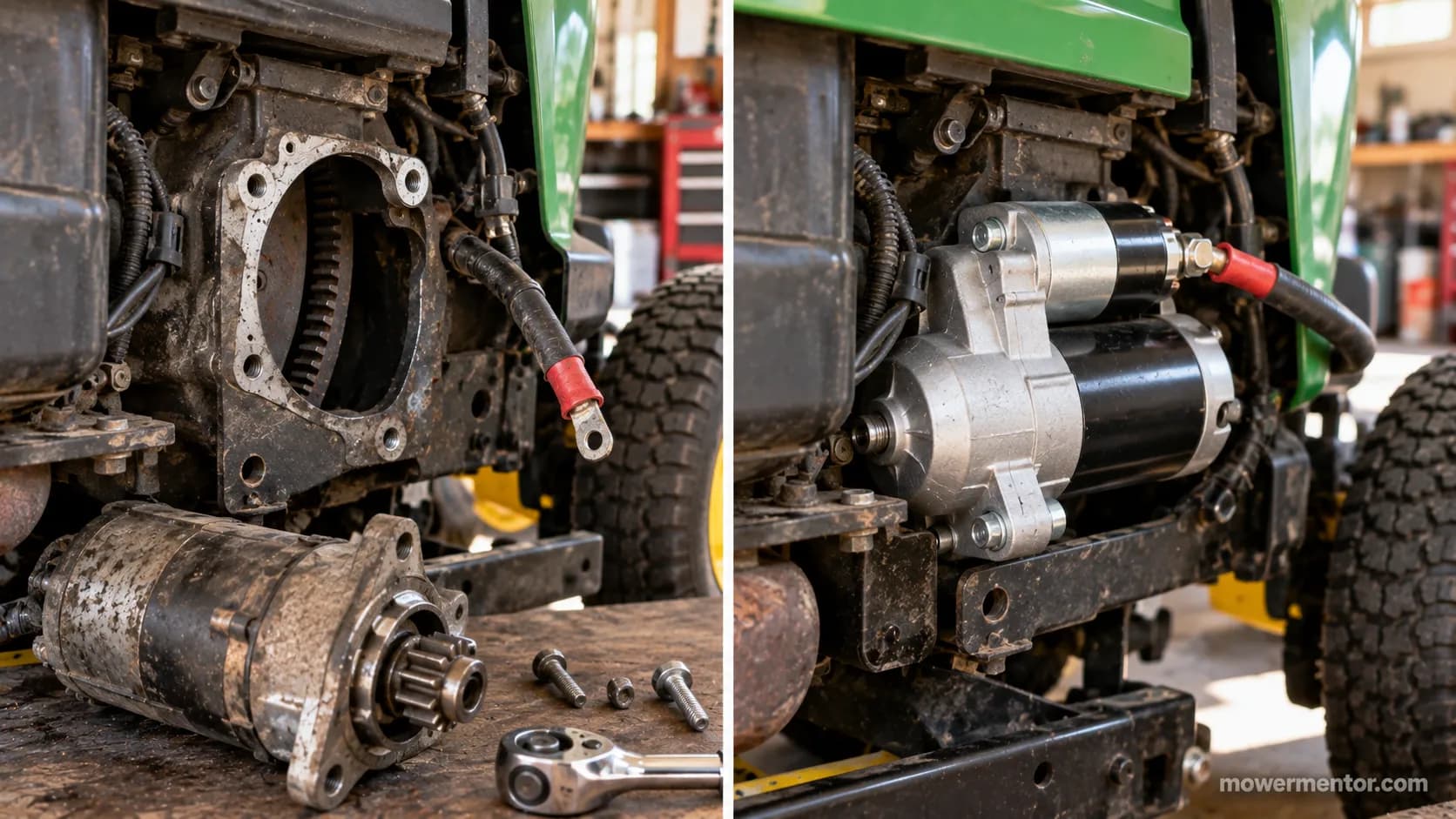 Replacing the starter on a John Deere riding mower, before and after.