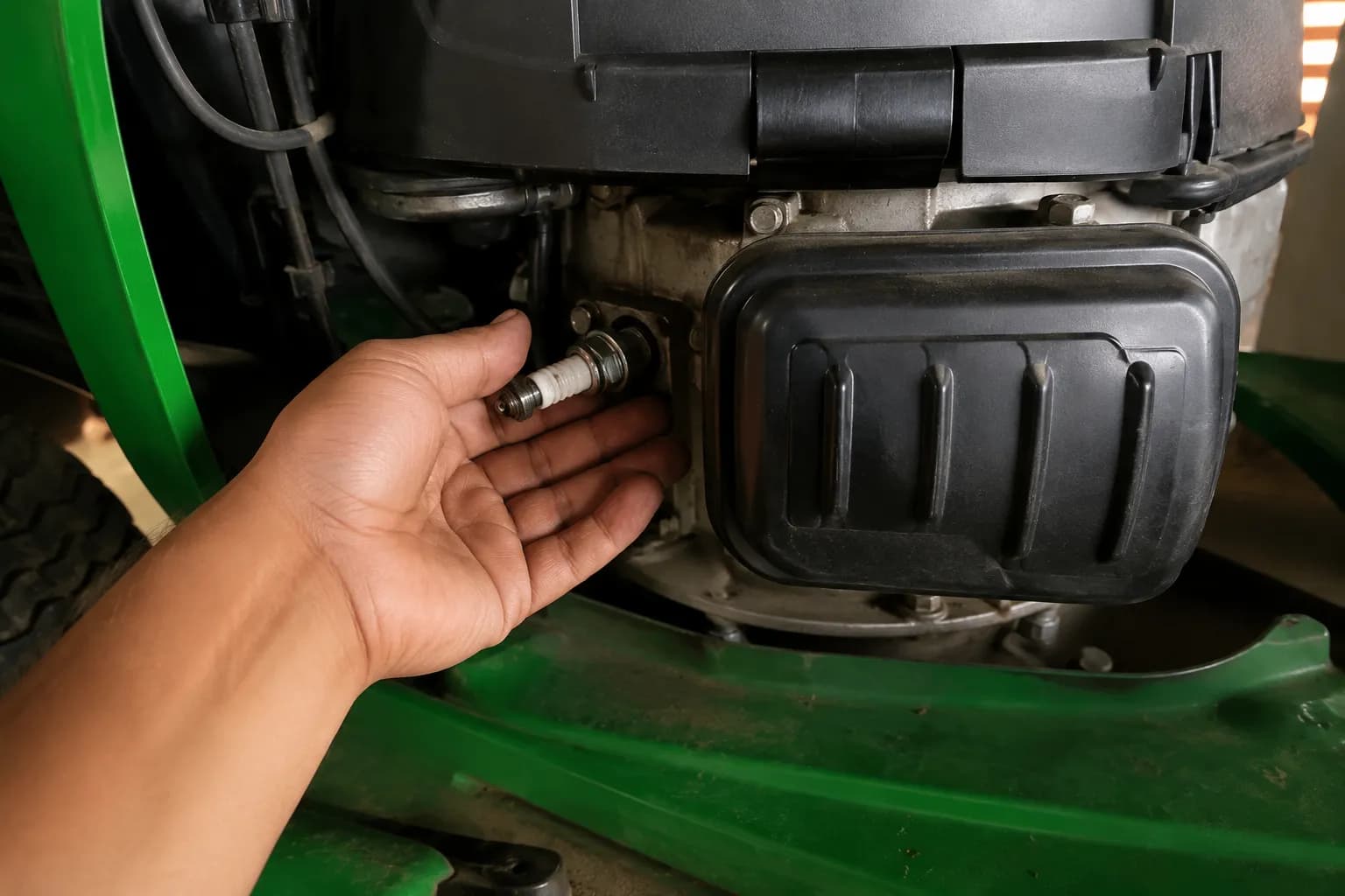 Hand pointing to the spark plug location beside the OHV valve cover on a John Deere 100 Series single-cylinder riding mower engine.