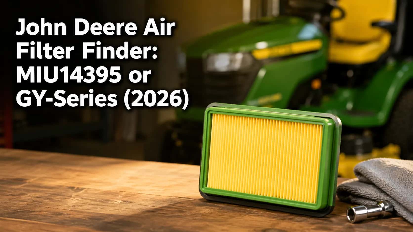 John Deere riding mower air filter (MIU14395 and GY-Series) displayed on a workshop bench for model identification and replacement guide.