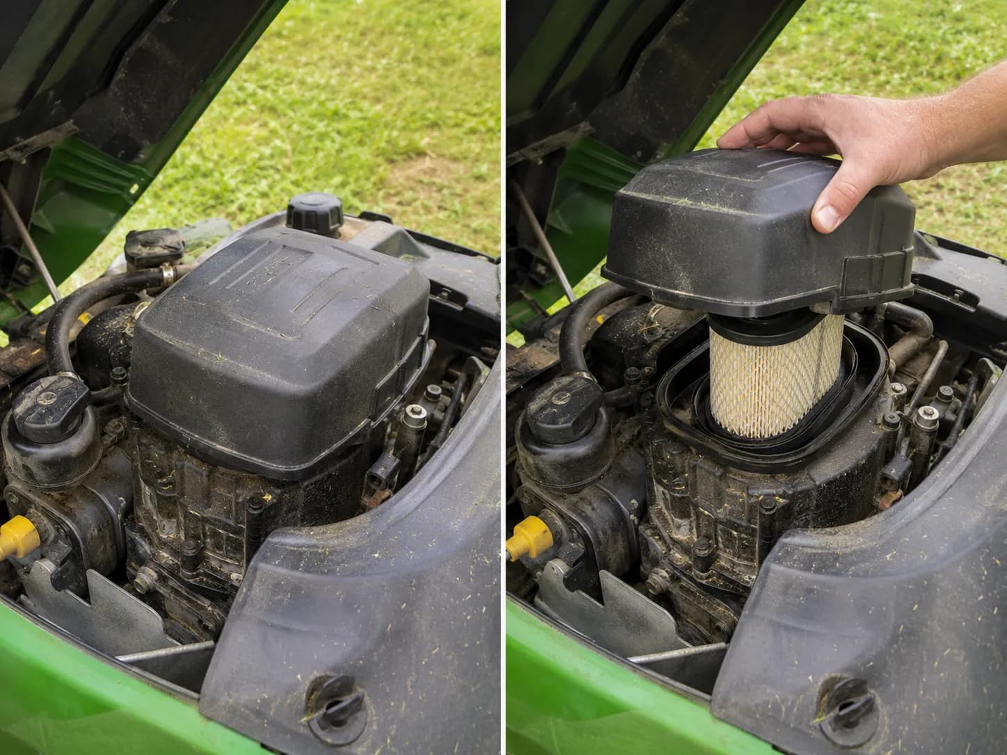 Two-panel view of a riding lawn mower air filter housing, showing the air cleaner housing installed under the hood and the cover being removed by hand to access the pleated air filter.