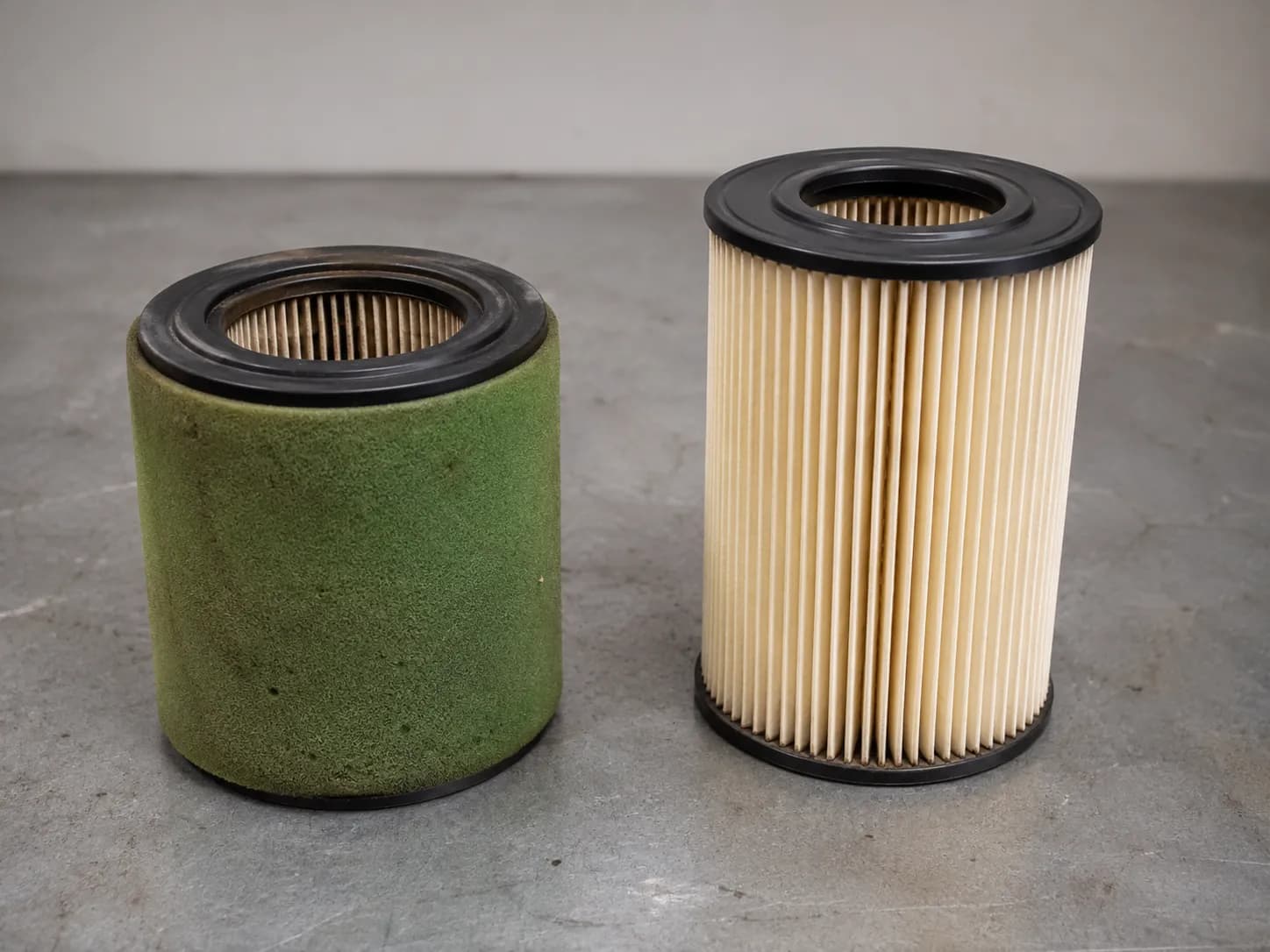 Side-by-side comparison of two lawn mower air filters: a John Deere D110-style paper cartridge with green foam pre-cleaner beside a taller X350-style pleated paper canister filter.