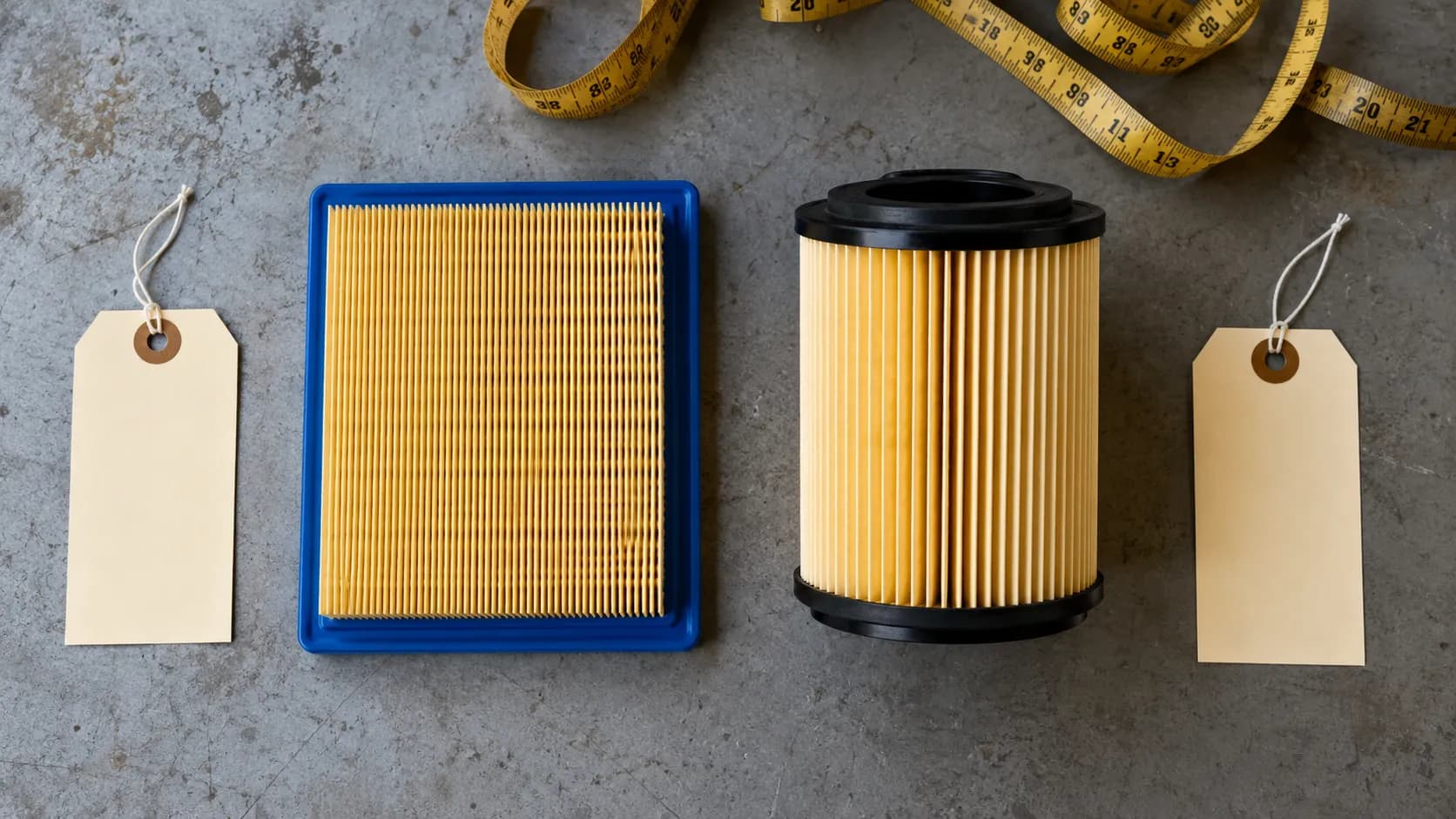 Side-by-side comparison of John Deere D130 flat MIU14395 air filter and John Deere L120 tall GY20575 air filter on a gray workbench with blank equipment tags.