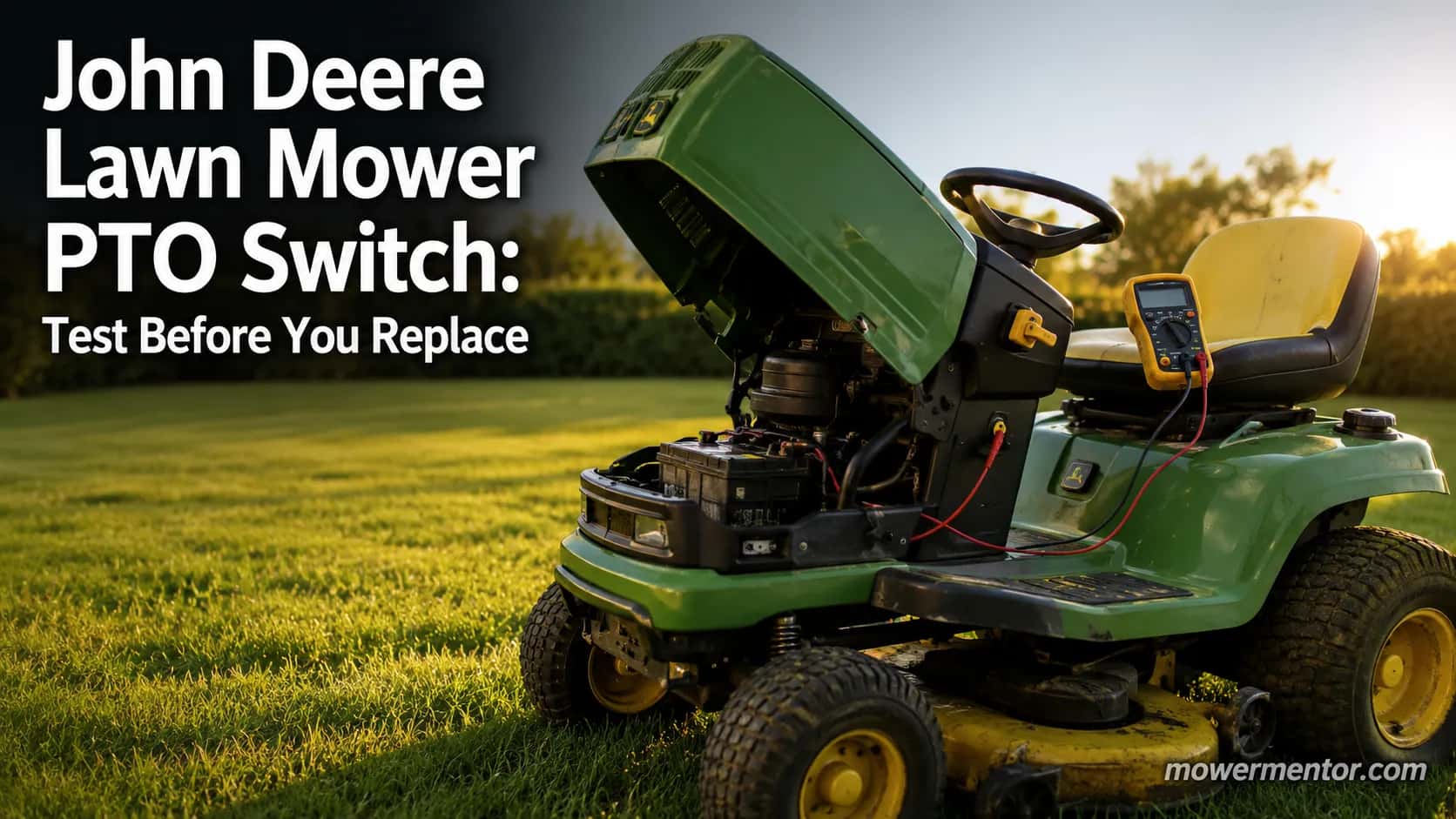 John Deere riding mower with a multimeter ready to test the PTO switch