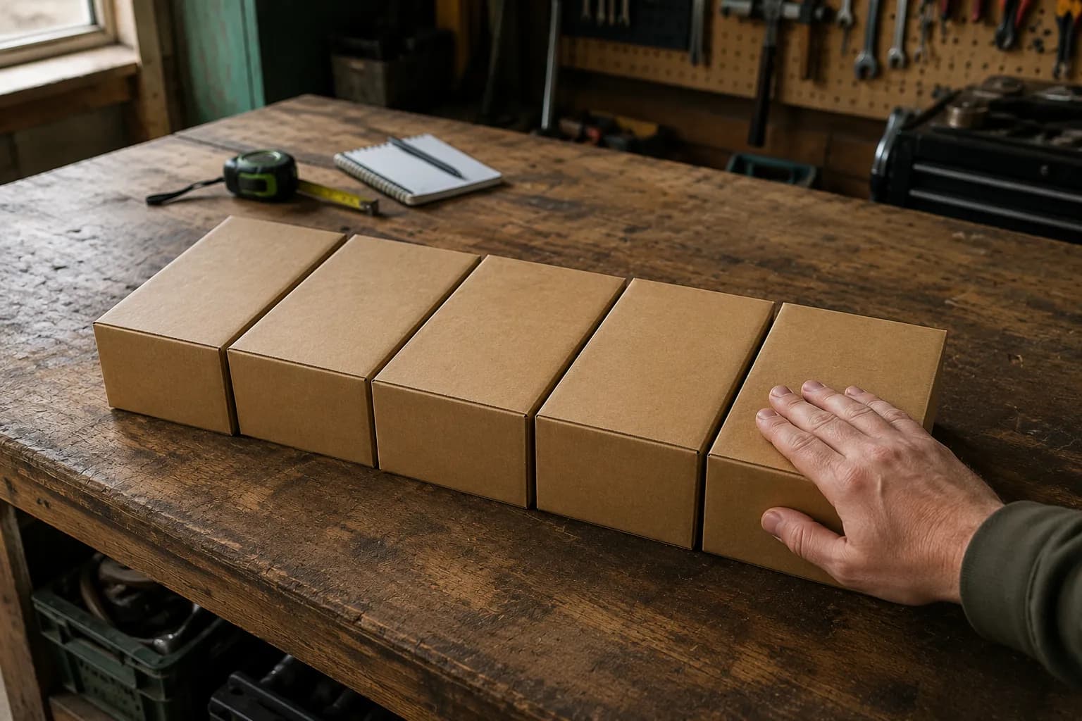 Five sealed lawn mower maintenance kit boxes lined up on a weathered wooden workbench with an adult hand for scale, plus a tape measure and notepad in a softly blurred garage workshop.