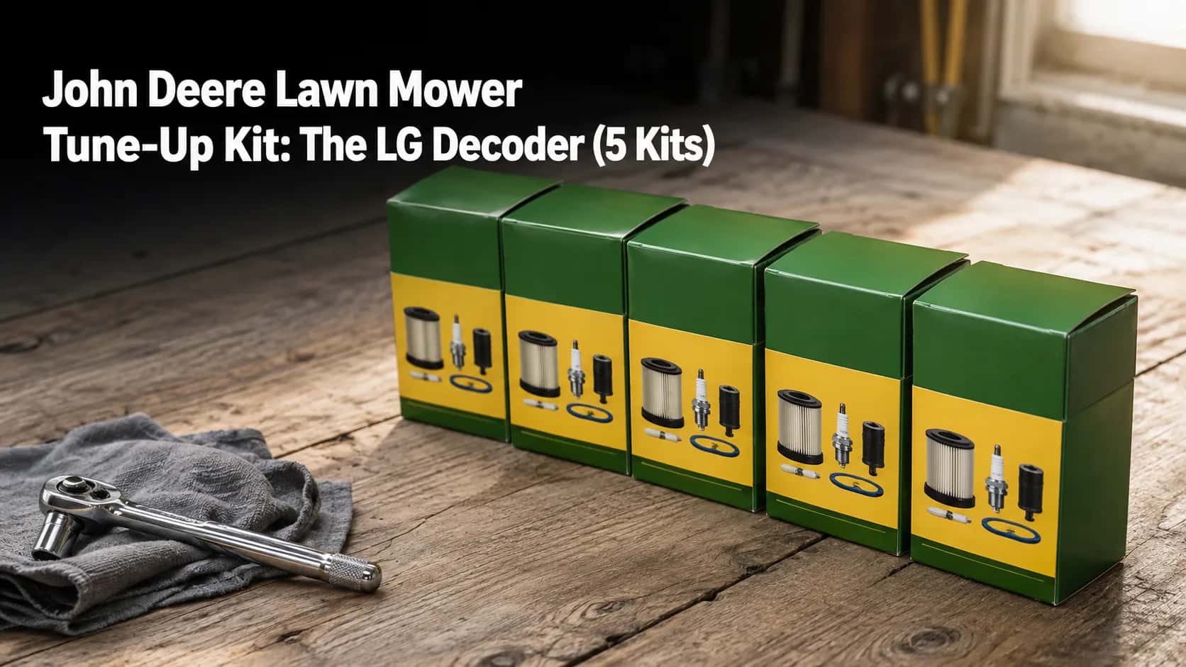 Five unopened John Deere lawn mower tune-up kit boxes arranged on a wooden workbench with a shop rag and socket wrench, illustrating the LG decoder guide for five maintenance kits.