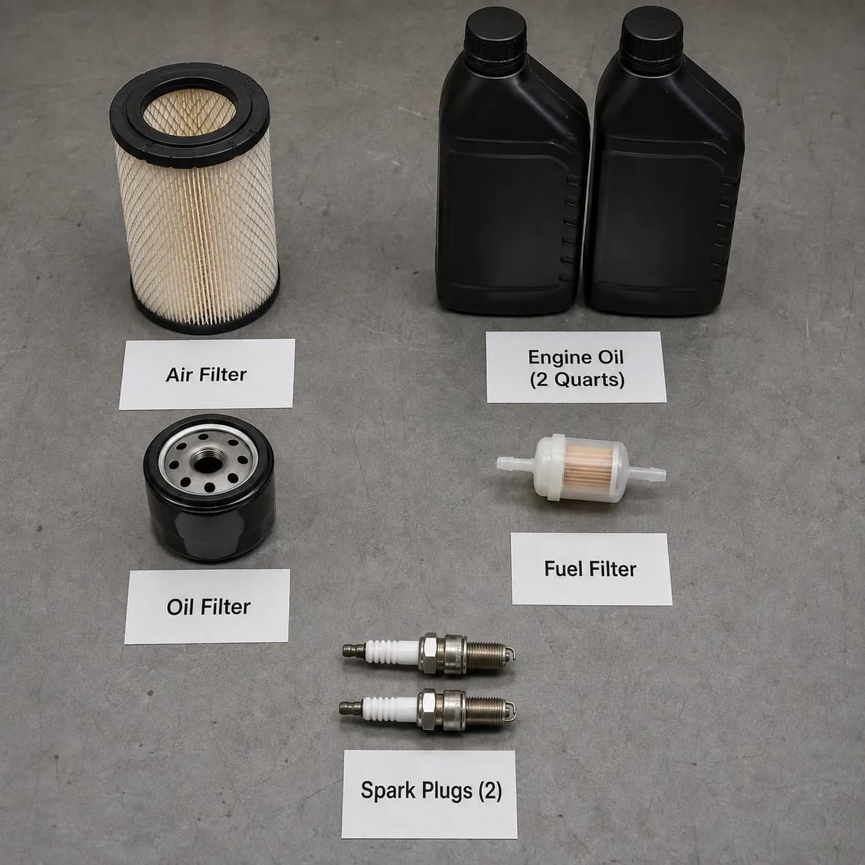 Overhead flat lay of a John Deere LG275 maintenance kit with an air filter, oil filter, inline fuel filter, two spark plugs, two oil bottles, and labeled index cards on a gray workbench.