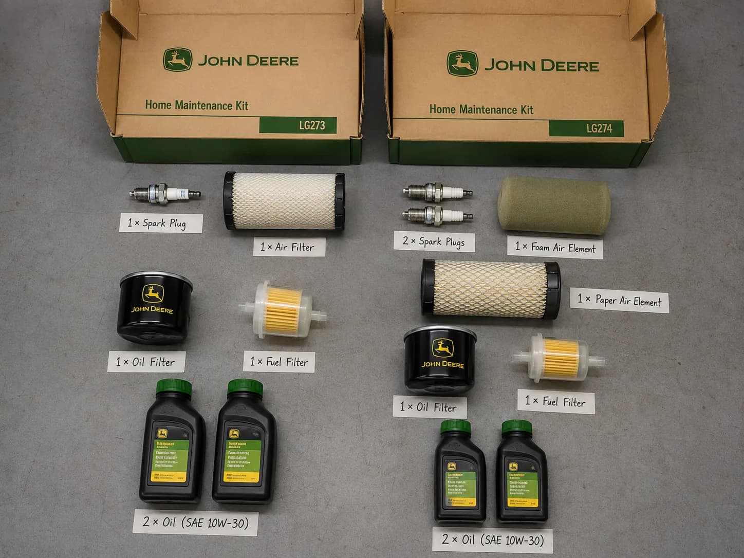 Comparison of two John Deere maintenance kits showing spark plugs, air filters, oil filters, fuel filters, and engine oil for single-cylinder and twin-cylinder riding mower engines.