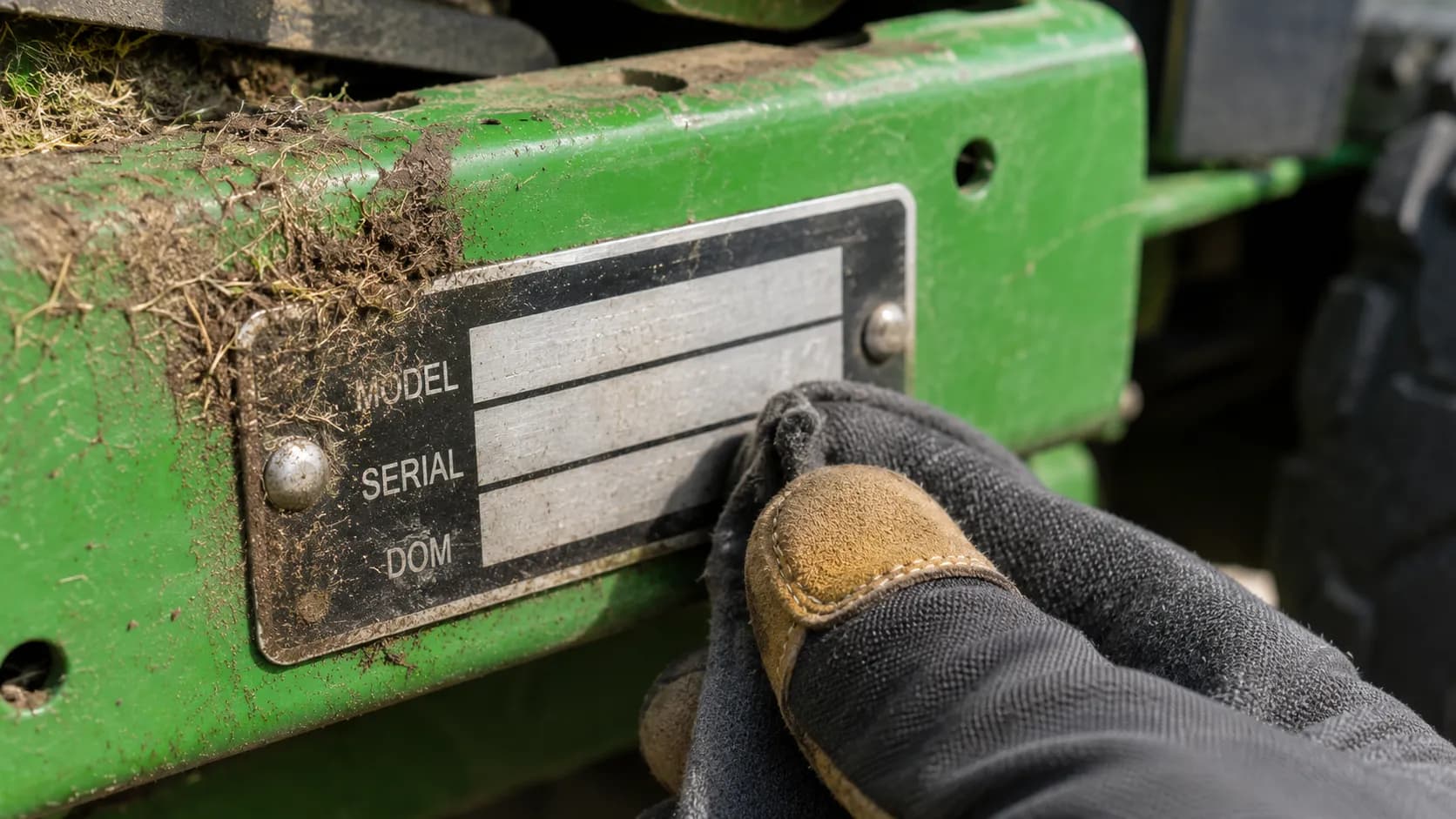 Close-up of a John Deere mower model and serial identification tag mounted on the green frame rail, with a gloved hand wiping away dried grass to reveal the model information.