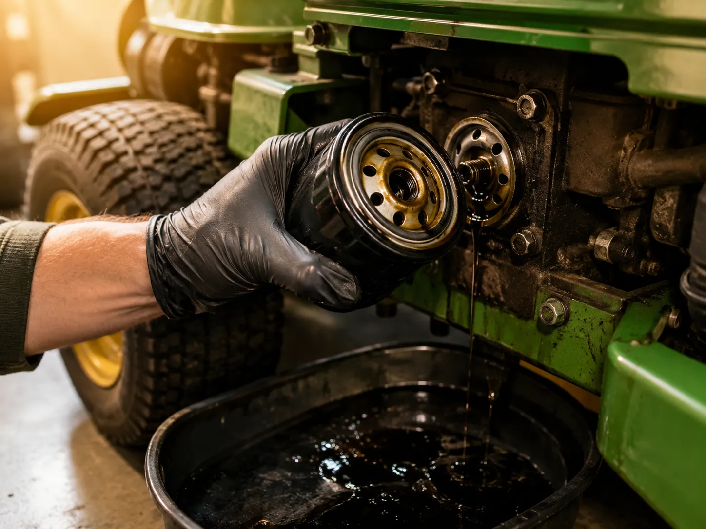 Gloved hand removing a spin-on oil filter from a John Deere riding mower engine while inspecting the rubber gasket, with used oil draining into a pan below.