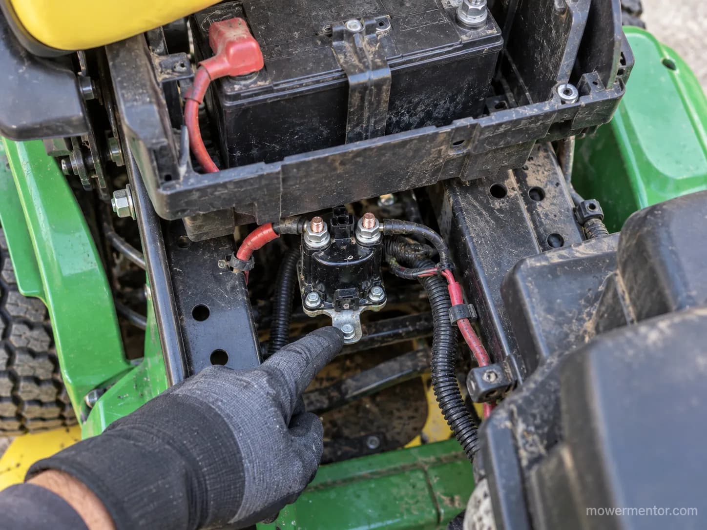 John Deere riding mower starter solenoid location on the frame rail