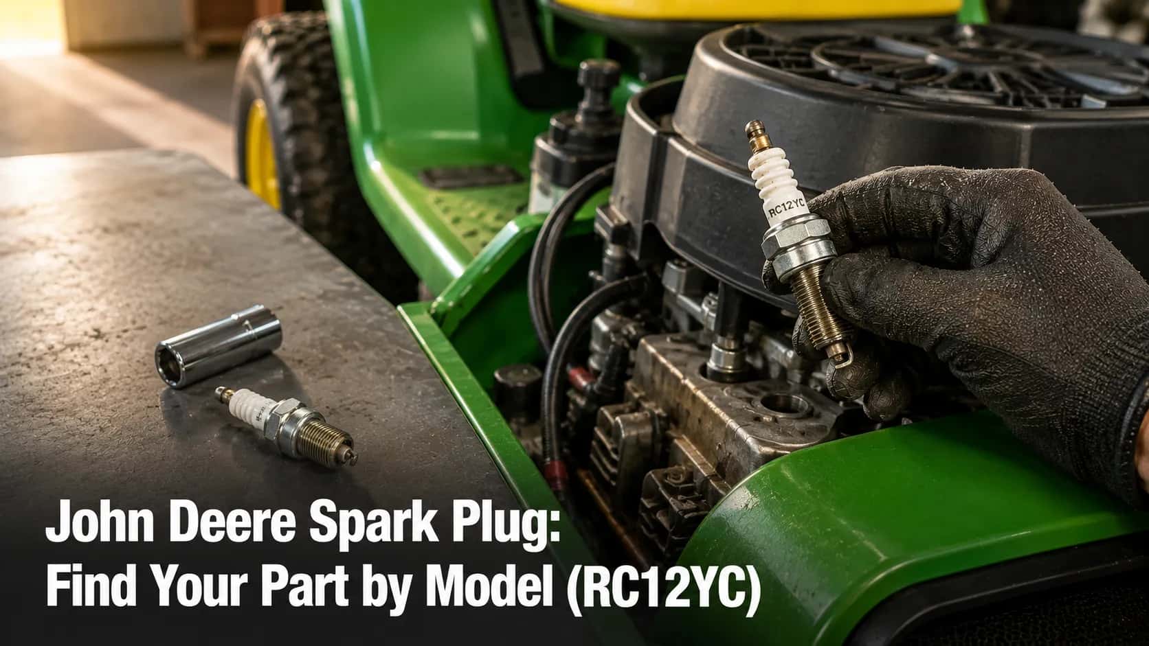 Gloved hand holding a John Deere riding mower spark plug above the engine, with a replacement RC12YC spark plug and socket on a workbench beside it.