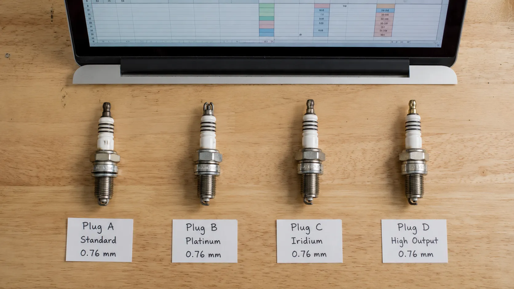 Four labeled John Deere spark plugs arranged on a workbench beside a laptop displaying a spark plug reference spreadsheet for model identification and comparison.