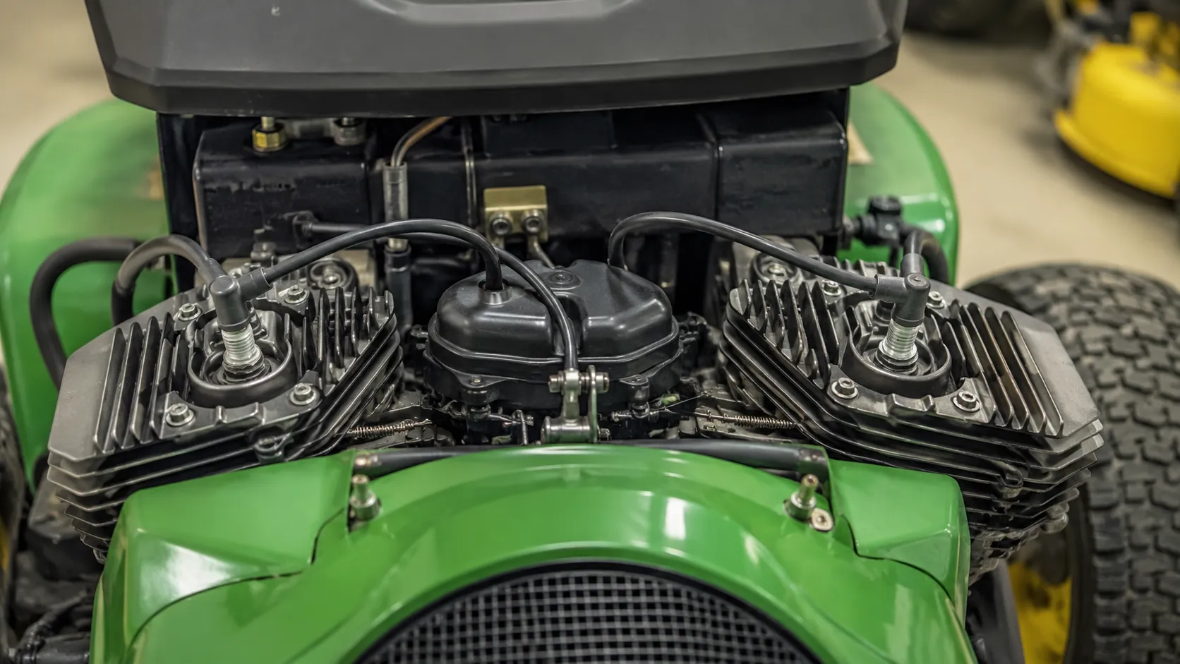 Top view of a John Deere V-twin lawn tractor engine showing two spark plug wires connected to one spark plug on each cylinder head.