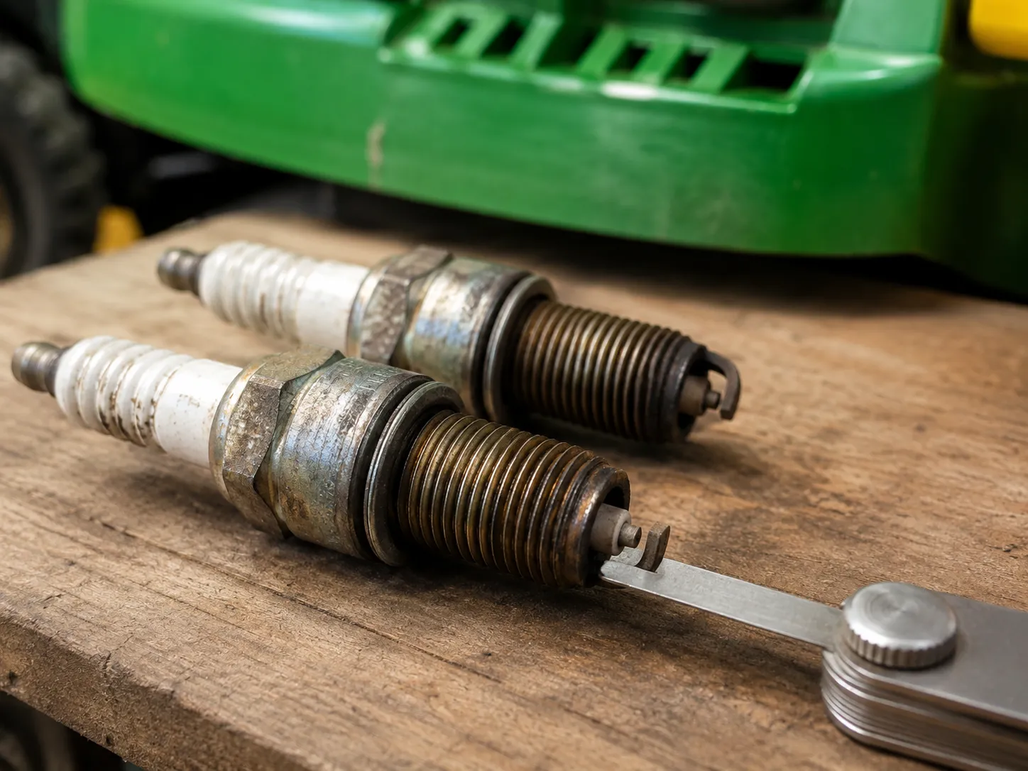 Two removed John Deere V-twin engine spark plugs on a workbench with a coin-style gap gauge measuring the electrode gap before installation.