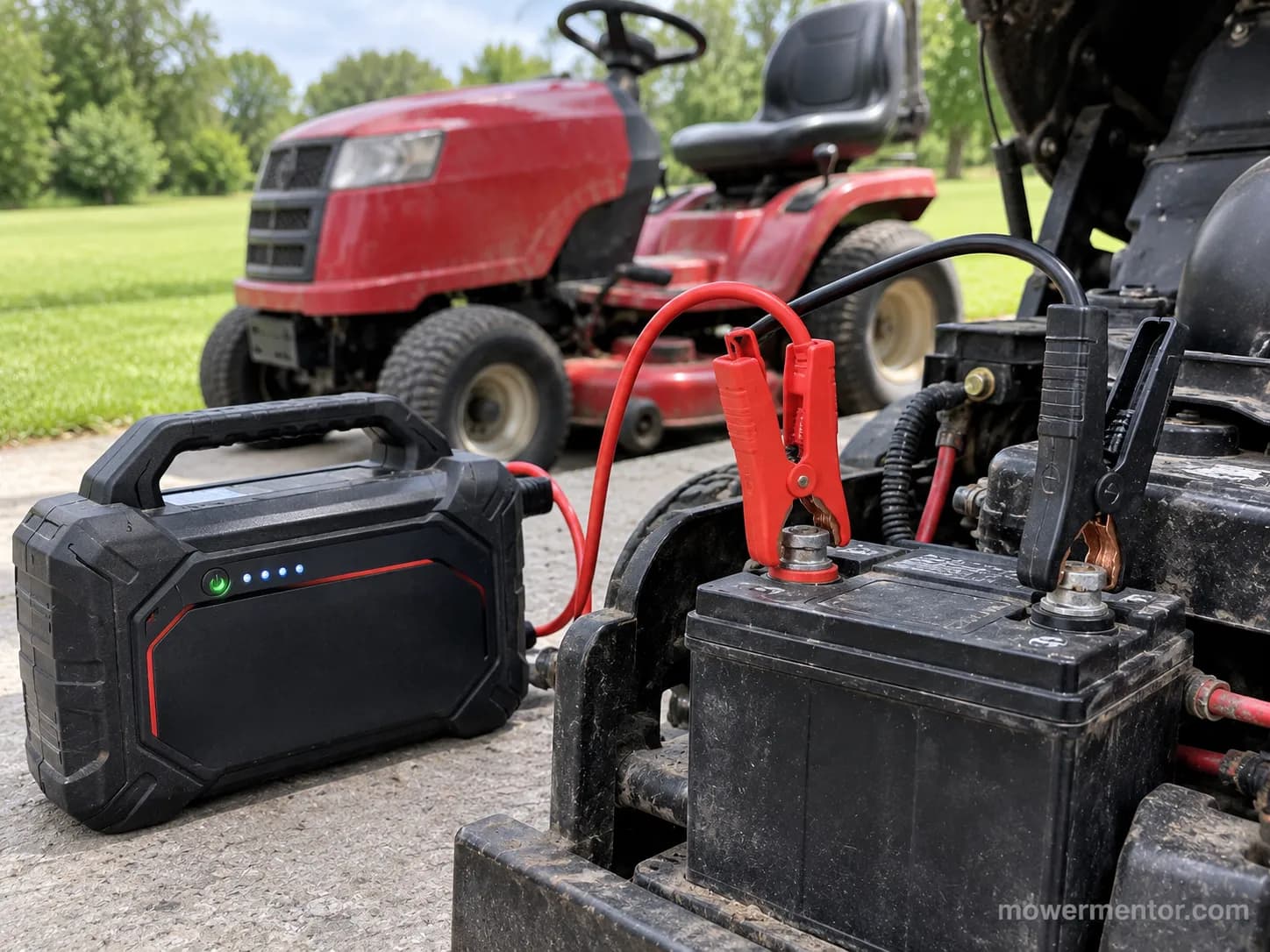 Portable lithium jump box clamped to a Murray riding mower battery.