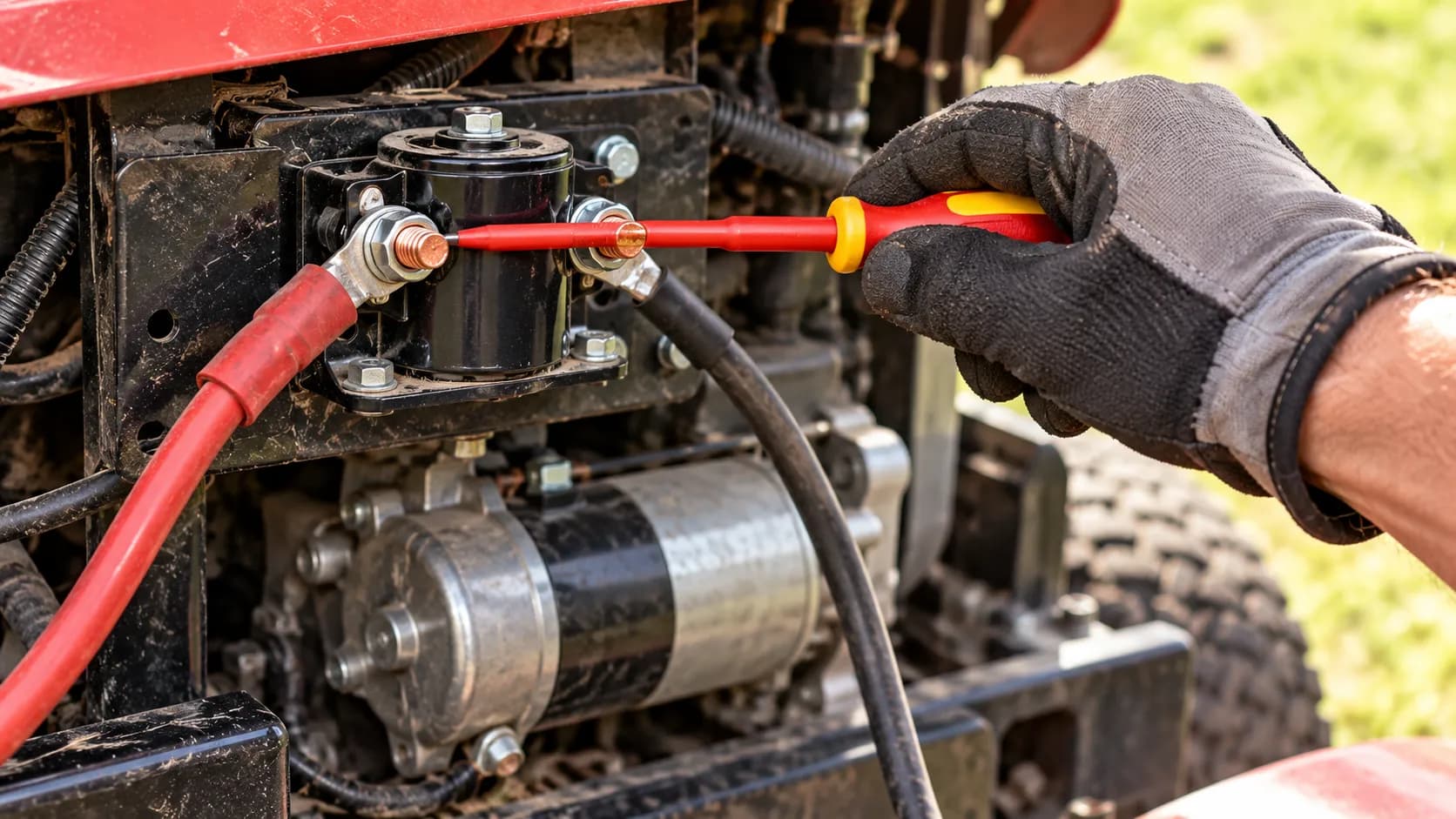 Gloved hand bridging a riding mower starter solenoid with an insulated screwdriver to test it.