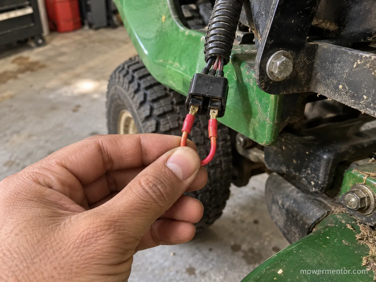 jumper wire bridging a riding mower brake safety switch connector for testing