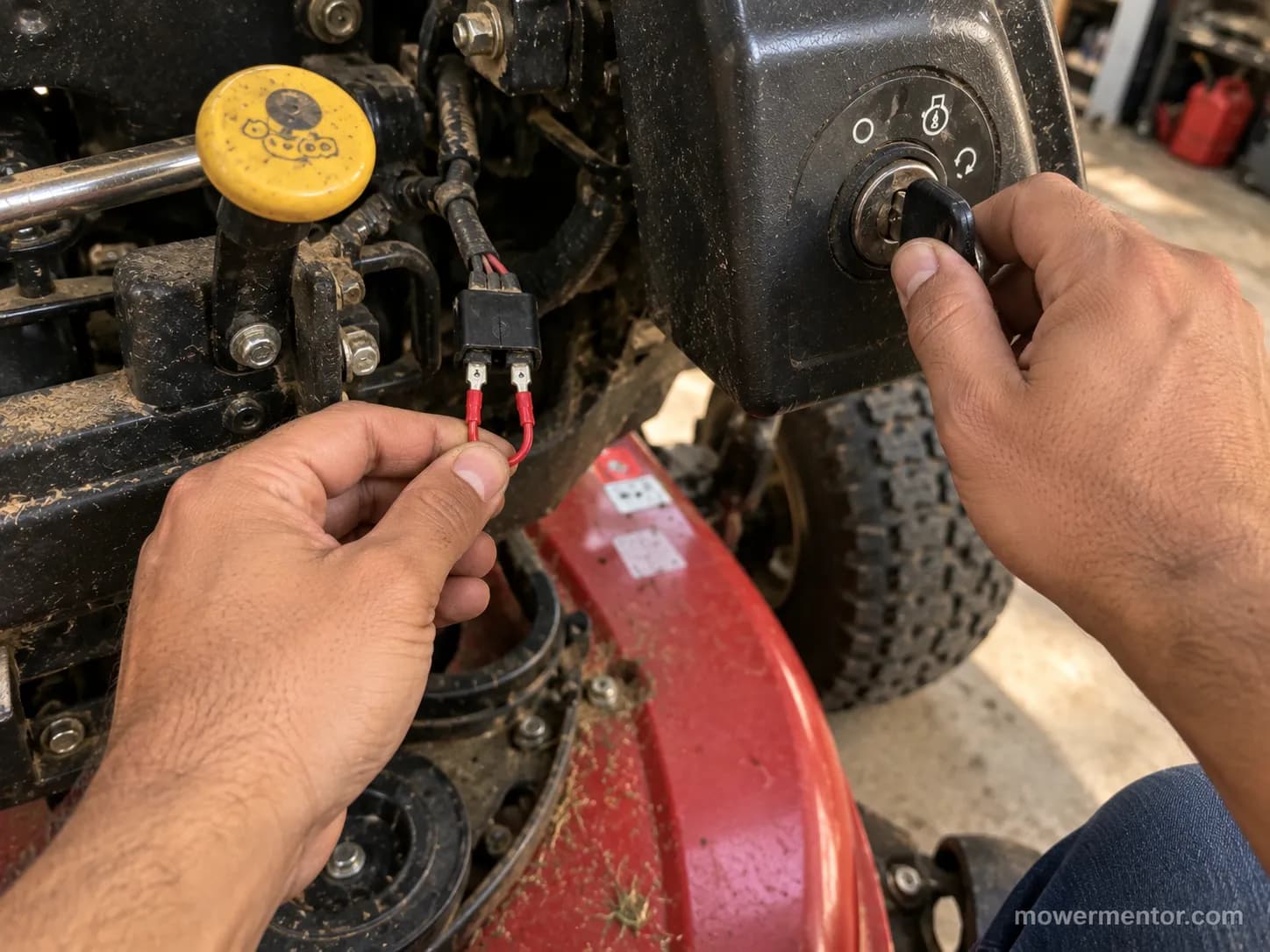 jumper wire bridging a riding mower PTO safety switch connector for testing