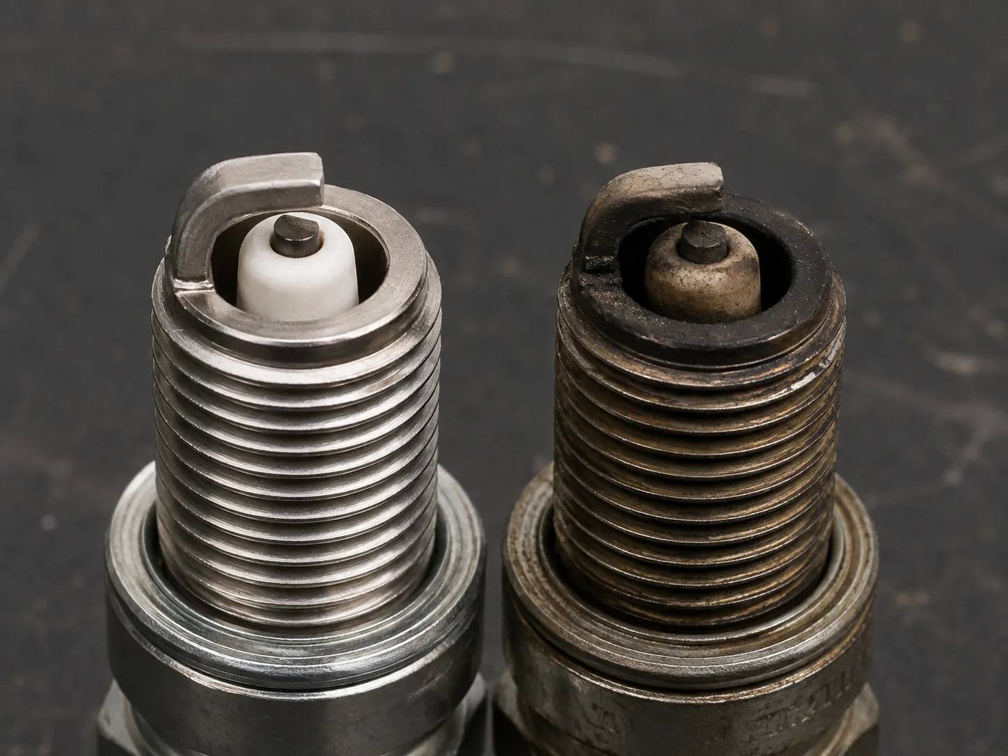 Two spark plugs from a Kawasaki FR691V engine shown electrode side by side, comparing a clean 0.031-inch gap with a worn carbon-coated 0.044-inch gap.