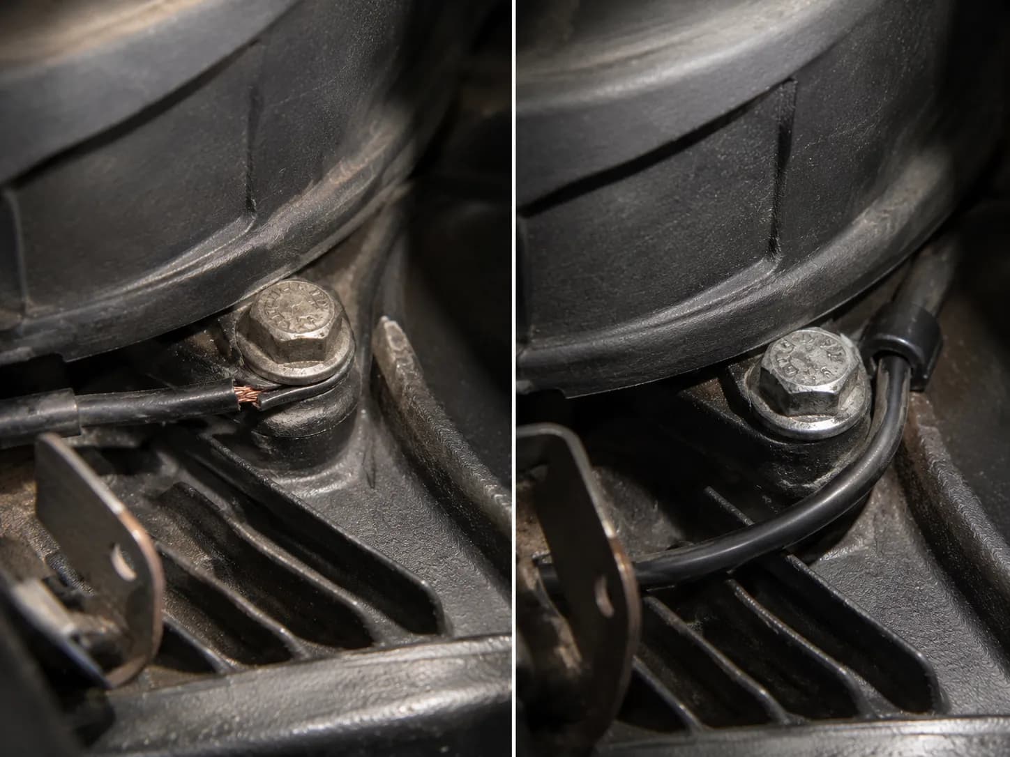 Before-and-after comparison of a pinched kill wire under a blower housing bolt on a Kohler KT735 engine, showing damaged insulation and the correctly rerouted wire secured in a cable clip.