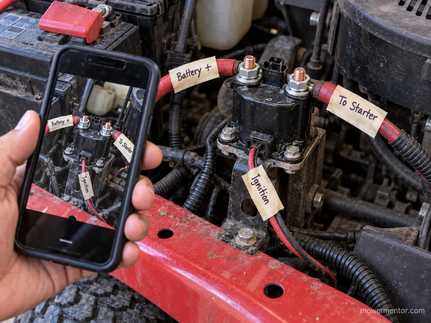 Wires labeled with tape on a lawn mower starter solenoid before removal