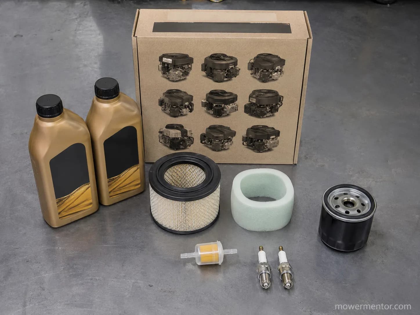 Large engine service kit with two oil bottles, air and foam filters, oil and fuel filters, and two spark plugs arranged on a workshop bench.