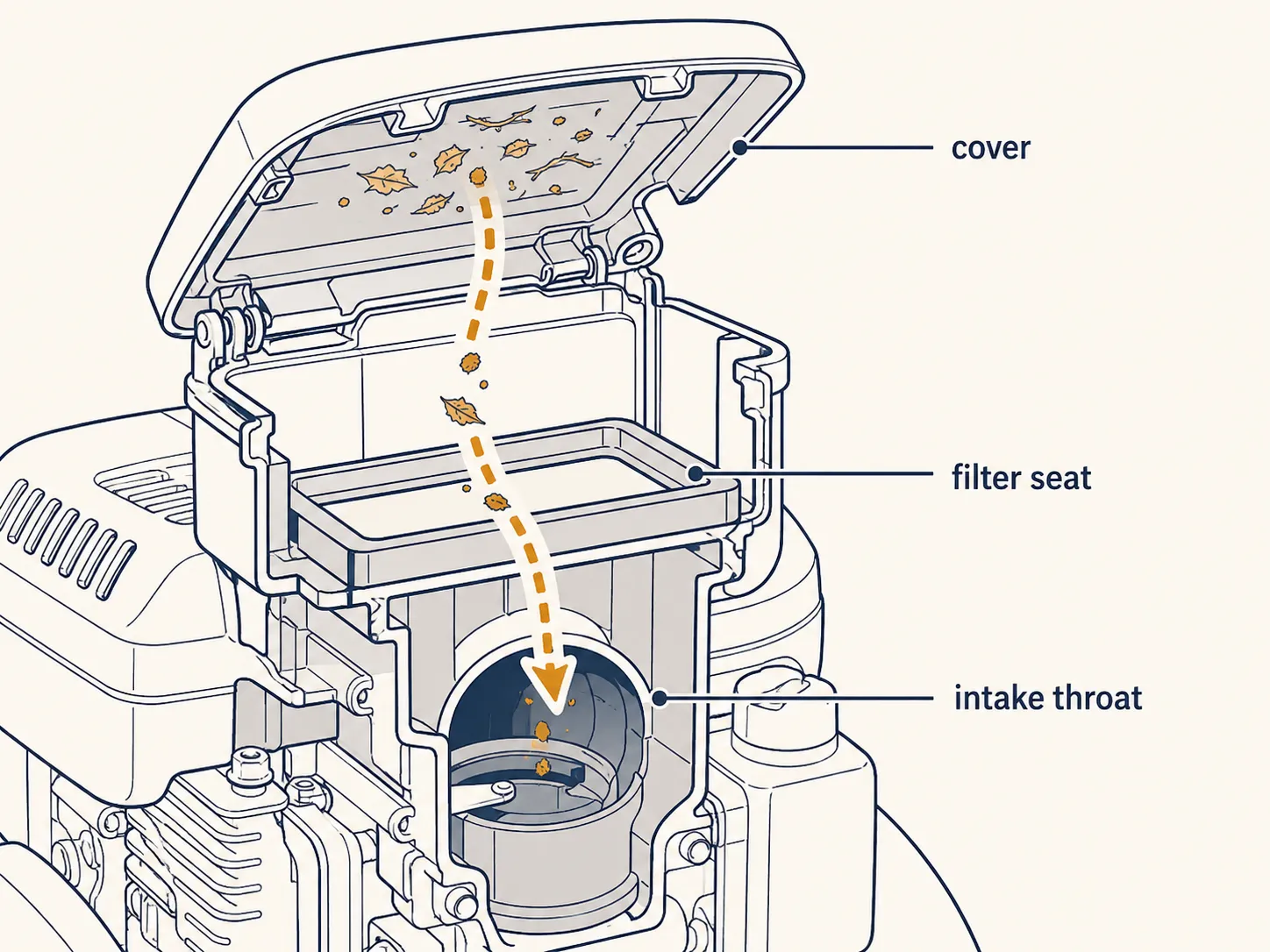 Cutaway diagram of a lawn mower air cleaner housing showing debris falling from the open cover past the filter seat into the exposed intake throat.