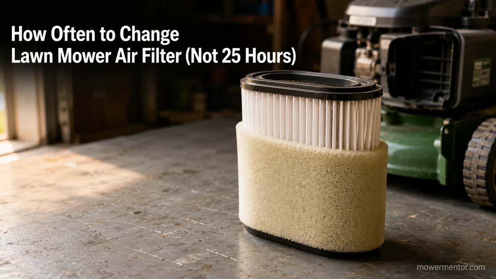 Lawn mower air filter with foam pre-cleaner partially removed on a garage workbench, showing both filter layers beside an open mower engine.