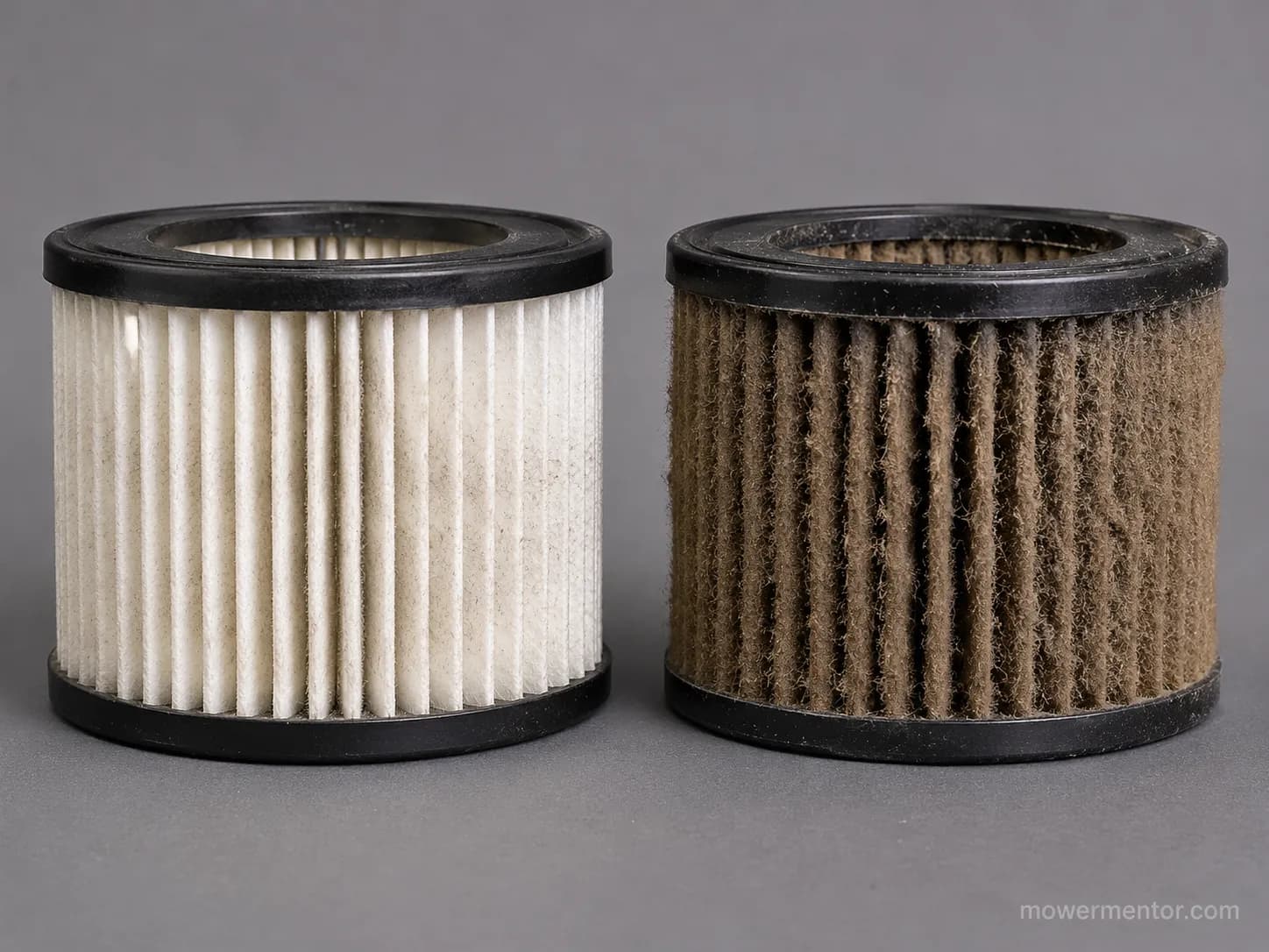 Comparison of two identical lawn mower air filters, showing a lightly dusty cartridge beside one heavily loaded with brown-grey dust