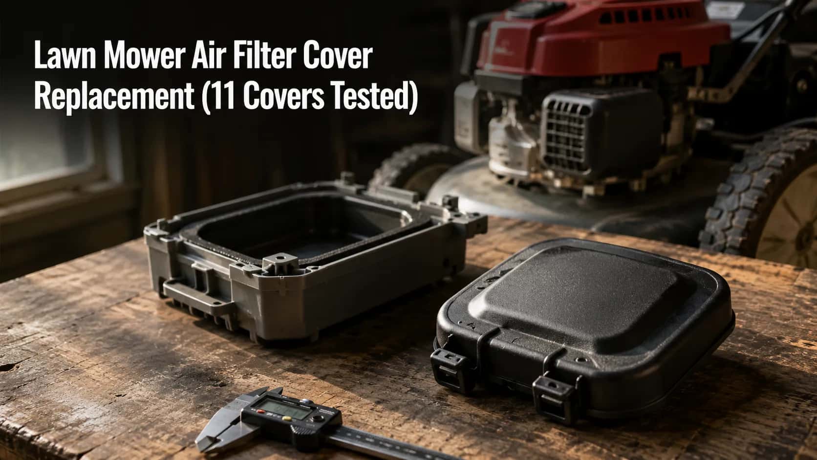 Black lawn mower air filter cover beside an open air cleaner base on a workshop bench with a digital caliper and blurred mower engine, comparing 11 replacement covers.