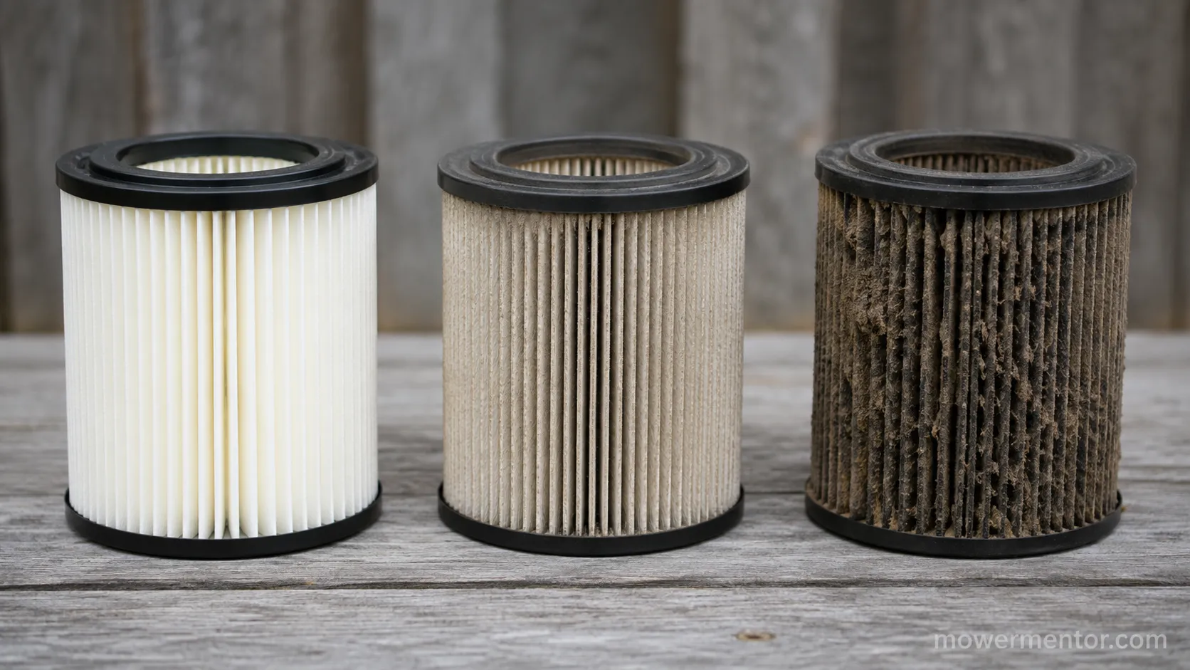 Three lawn mower air filters compared at 0, 9 and 18 hours, showing progressive dust buildup across the pleated paper filter during a dry August stretch.