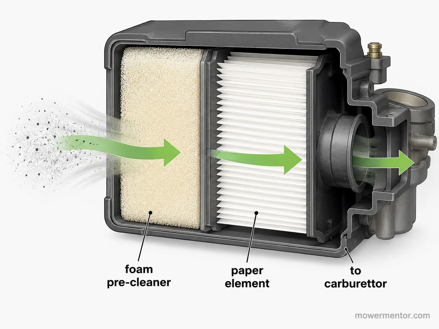 Technical diagram showing lawn mower air flowing through the foam pre-cleaner and paper filter element before reaching the carburettor