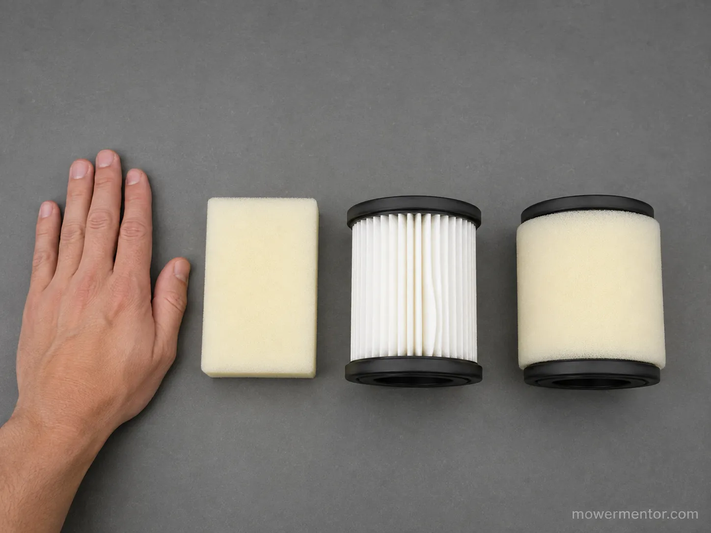 Lawn mower air filter comparison showing foam-only, paper-only, and paper cartridge with a foam sleeve arranged side by side for identification.