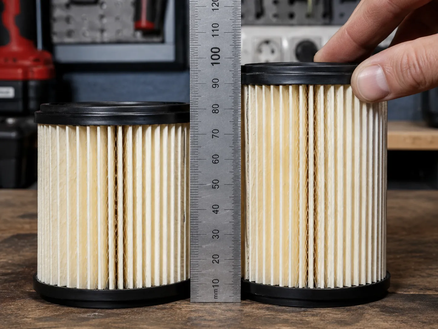 Two cylindrical lawn mower air filters compared beside a steel ruler, showing a 9.4 mm height difference that prevents the taller filter from seating correctly.