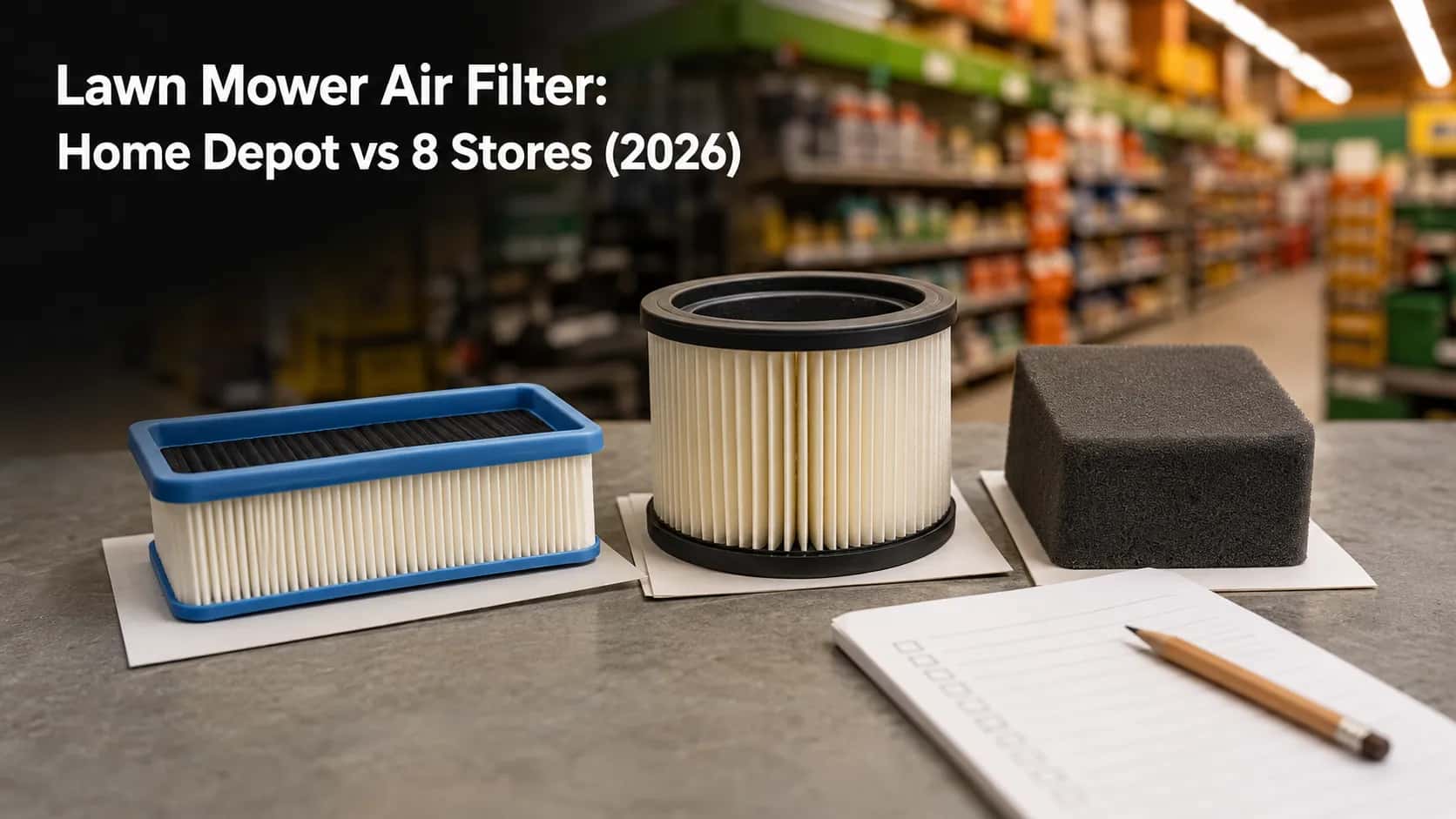 Editorial cover showing three lawn mower air filter on a workbench beside a shopping list with a blur home improvement store aisle in the background, illustrate Home Depot vs 8 stores price comparison