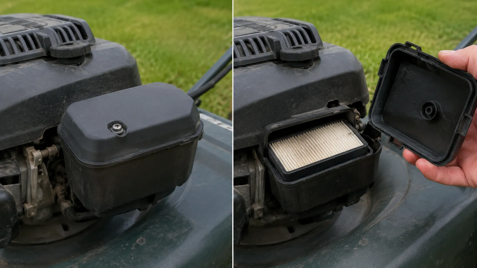 Side-by-side view of a lawn mower air filter housing closed and open, showing the paper air filter installed inside during a routine engine maintenance inspection.