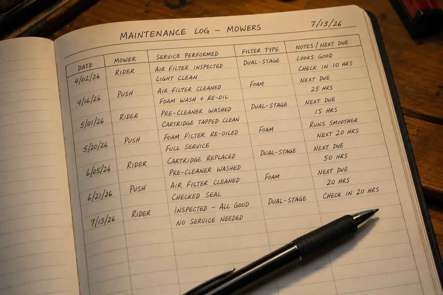 Handwritten lawn mower maintenance log showing dated air filter service records for two mowers with a pen resting on a wooden desk.
