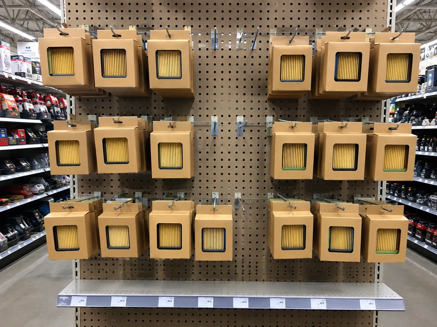 Pegboard display of boxed lawn mower air filters in a hardware store aisle with two empty hooks, showing reduced stock before the spring mowing season.