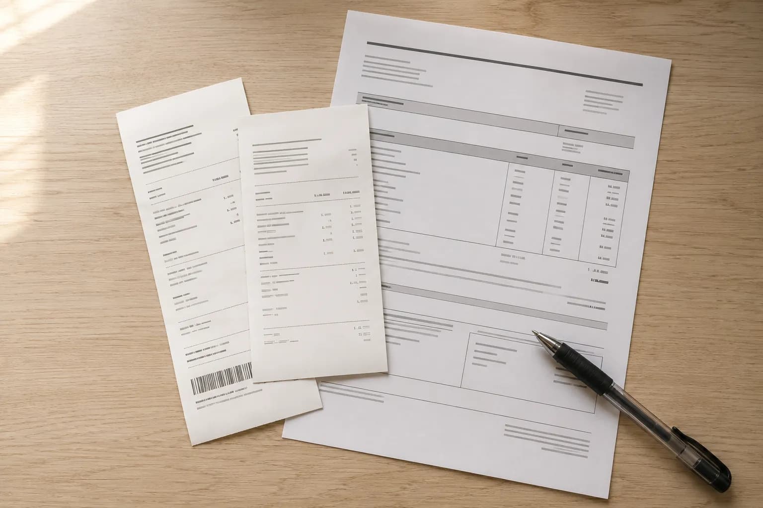 Overhead photo of two paper receipts and a lawn mower repair estimate on a wooden desk with a ballpoint pen, illustrating maintenance costs compared with a larger engine repair estimate.