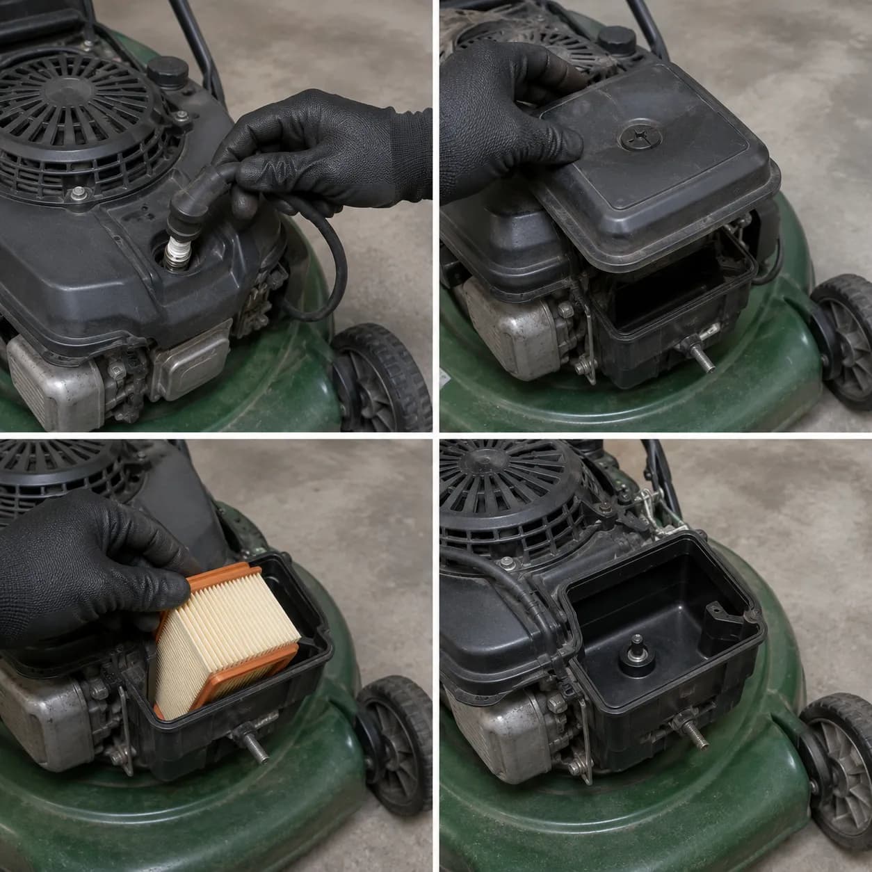 Four-panel photo showing the correct lawn mower air filter removal sequence: disconnect spark plug lead, remove air cleaner cover, pull out paper filter, and inspect the open housing.
