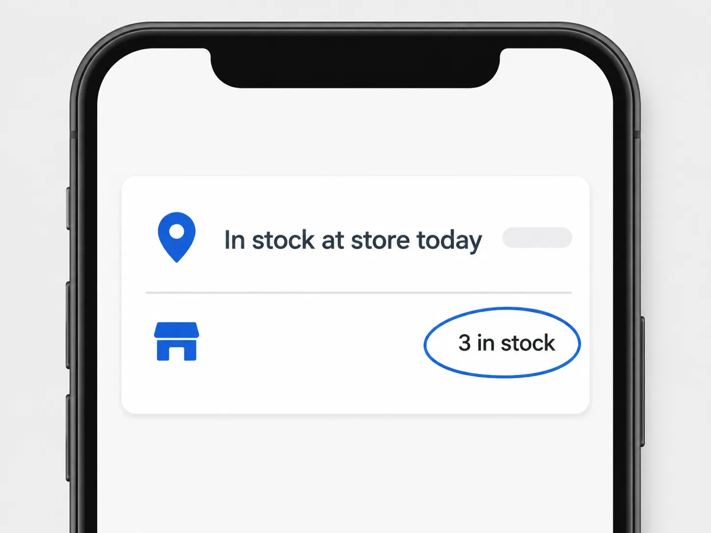 Mobile retail product page showing lawn mower air filter availability with "In stock at store today" and the store inventory count of 3 in stock highlighted by a circle.