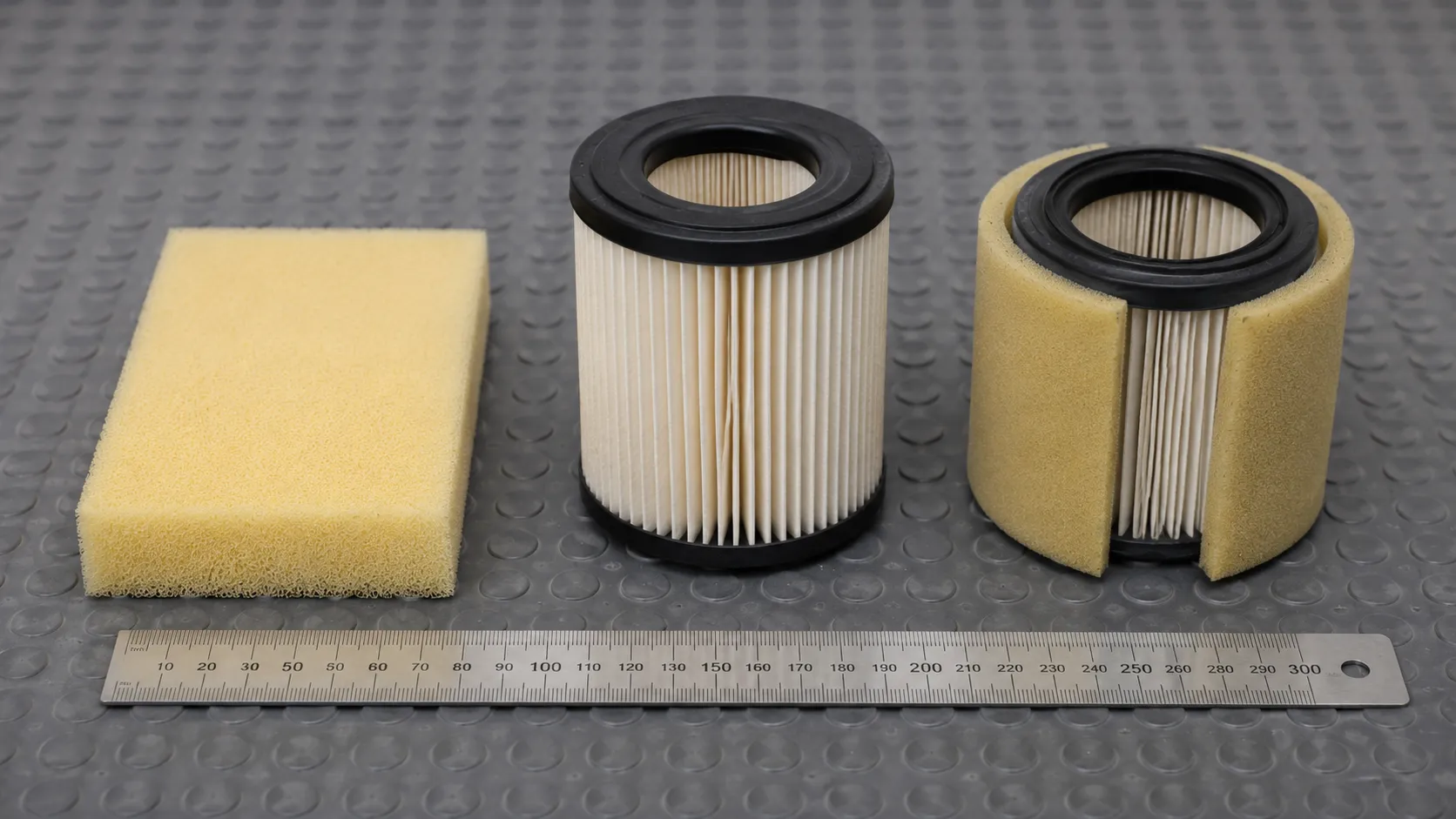 Side-by-side comparison of foam, paper, and dual-element lawn mower air filters with a steel ruler for scale on a grey workbench mat, photographed at the same size and distance.