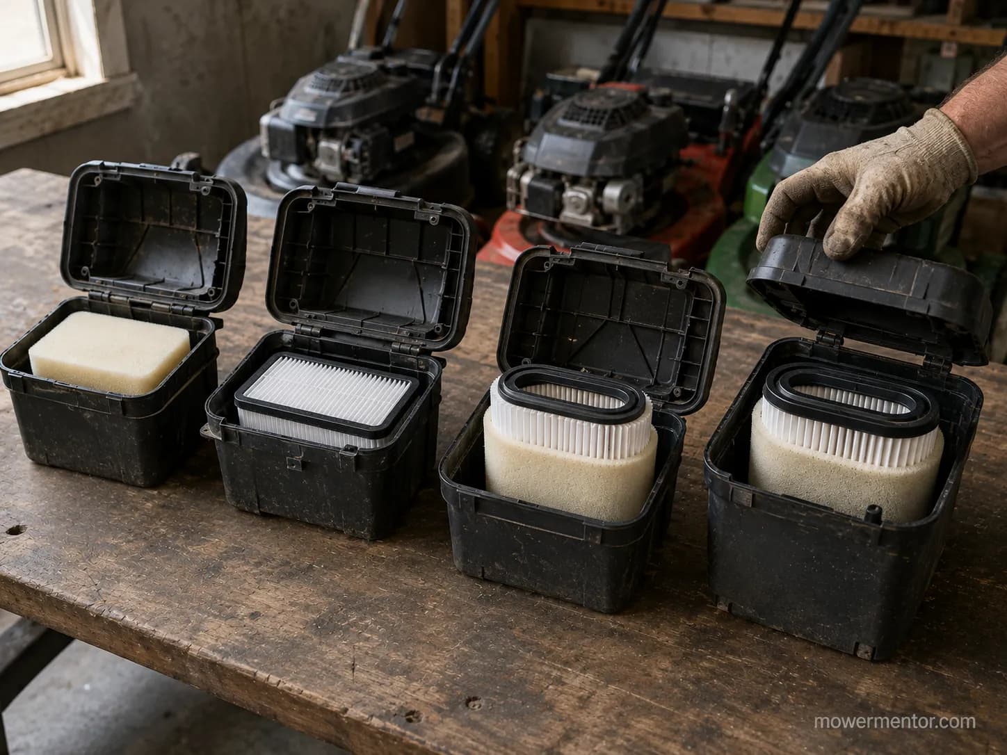 Four lawn mowers with open air cleaner housings showing foam, pleated paper, and dual-element air filters on a workshop bench