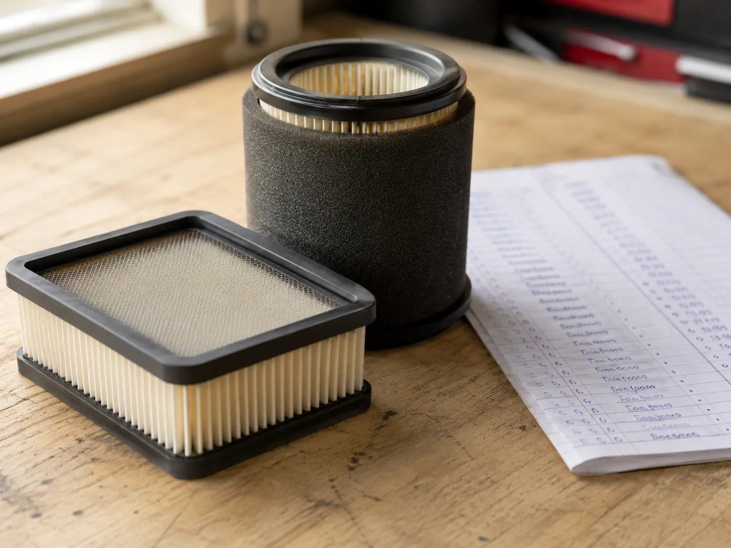 Two clean lawn mower air filters, 1 rectangular pleated & 1 cylindrical with foam wrap, placed on a wooden workbench beside a handwritten March 2026 price comparison shopping log in soft natural light